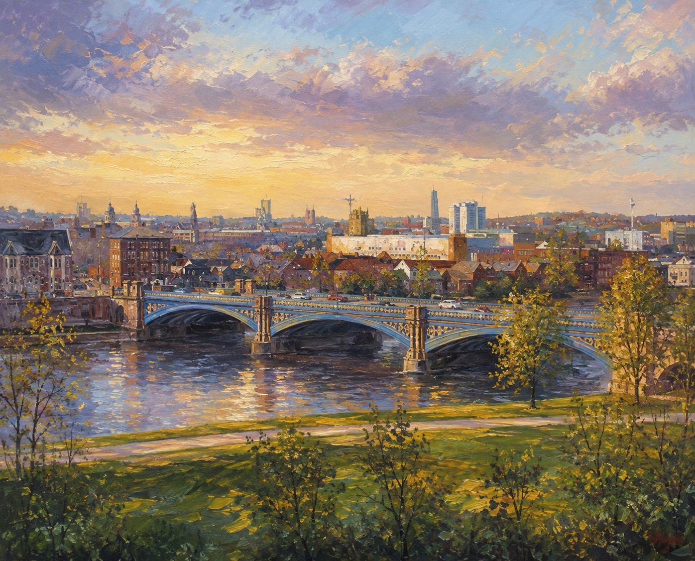Watercolour-style painting of Trent Bridge and the Nottingham skyline at sunset